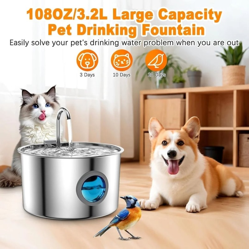 Stainless Steel Automatic Cat Water Fountain With Filter Pet Water Dispenser 0