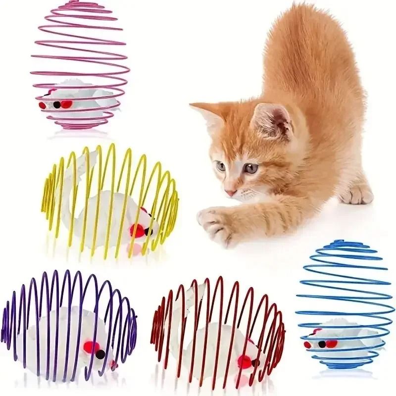 Interactive Cat Toy Balls With Stretchable Springs And Rolling Caged Rat Design 0