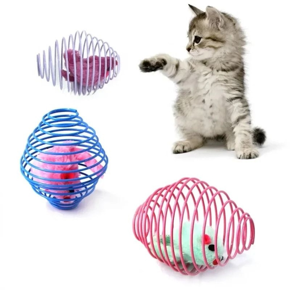 Interactive Cat Toy Balls With Stretchable Springs And Rolling Caged Rat Design 7