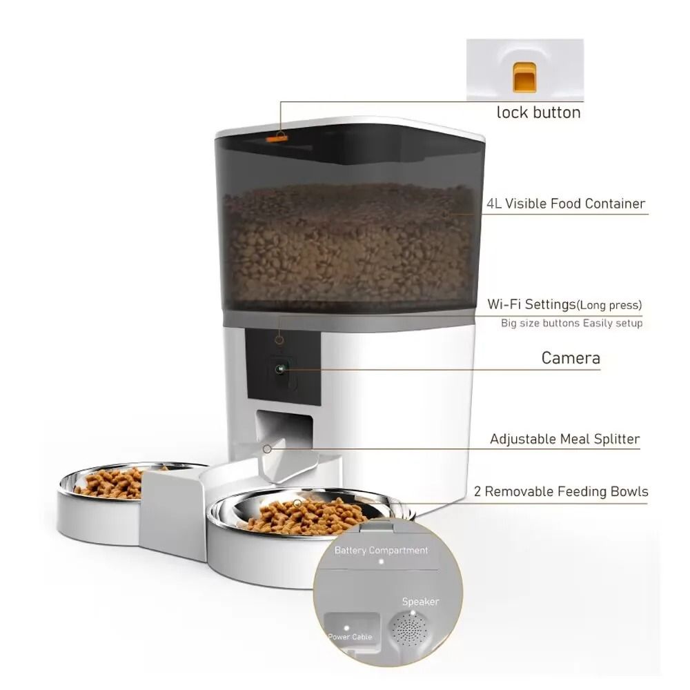 Smart Automatic Cat Feeder 4L Pet Food Dispenser With Camera Timer And Double Bowl 9
