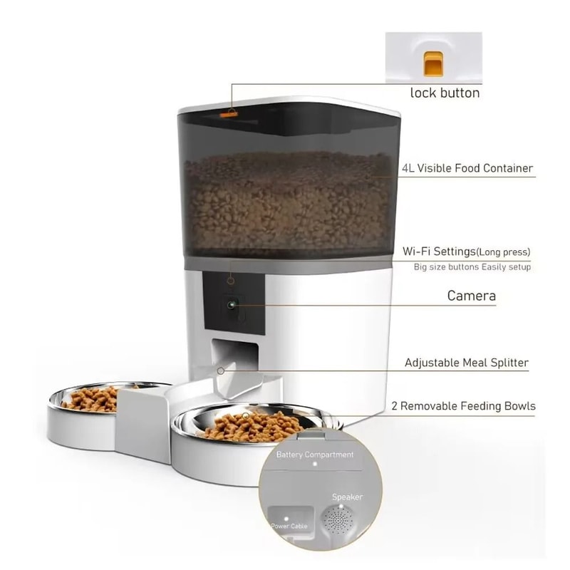 Smart Automatic Cat Feeder 4L Pet Food Dispenser With Camera Timer And Double Bowl 9