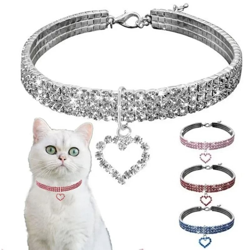Elastic Rhinestone Pet Collar Three Row Decorative Necklace For Cats And Small Dogs 0