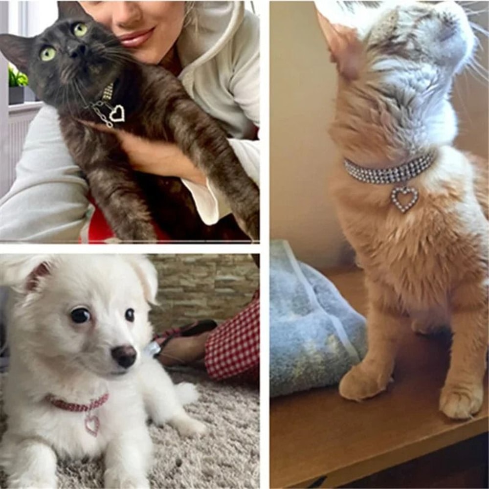 Elastic Rhinestone Pet Collar Three Row Decorative Necklace For Cats And Small Dogs 7