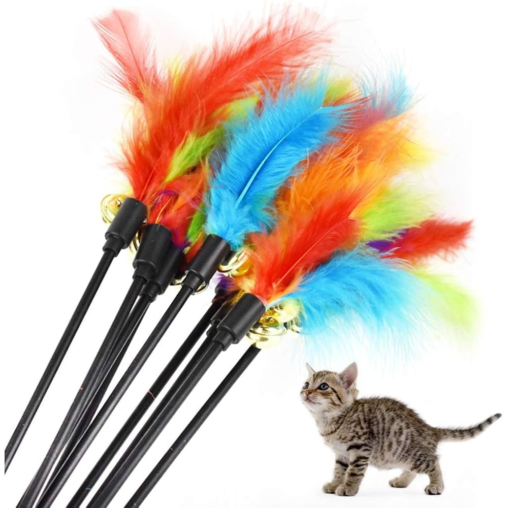 5 Piece Cat Teaser Wand Turkey Feather Interactive Wire Chaser Toy Set With Bells 1