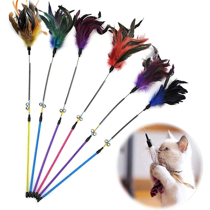 5 Piece Cat Teaser Wand Turkey Feather Interactive Wire Chaser Toy Set With Bells 2