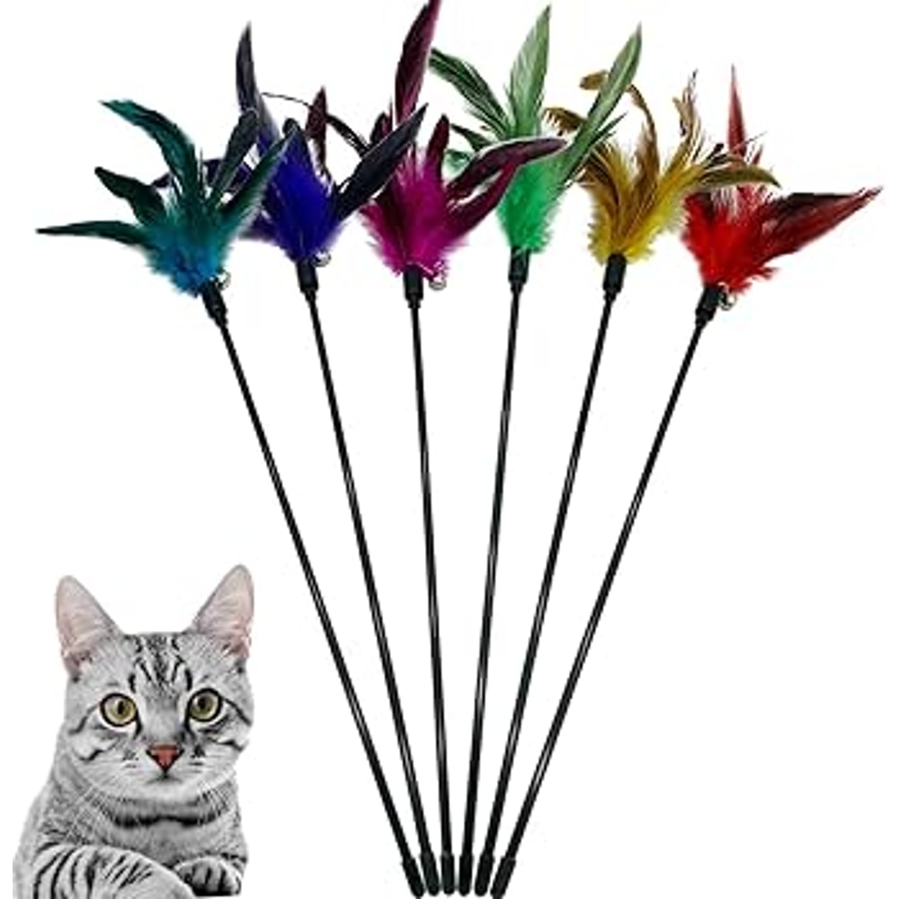 5 Piece Cat Teaser Wand Turkey Feather Interactive Wire Chaser Toy Set With Bells 4