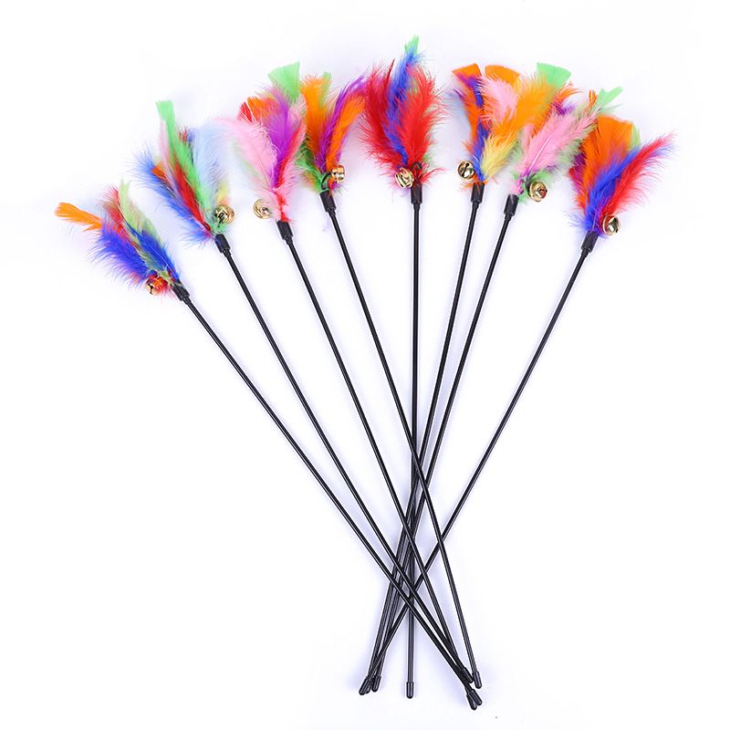 5 Piece Cat Teaser Wand Turkey Feather Interactive Wire Chaser Toy Set With Bells 0