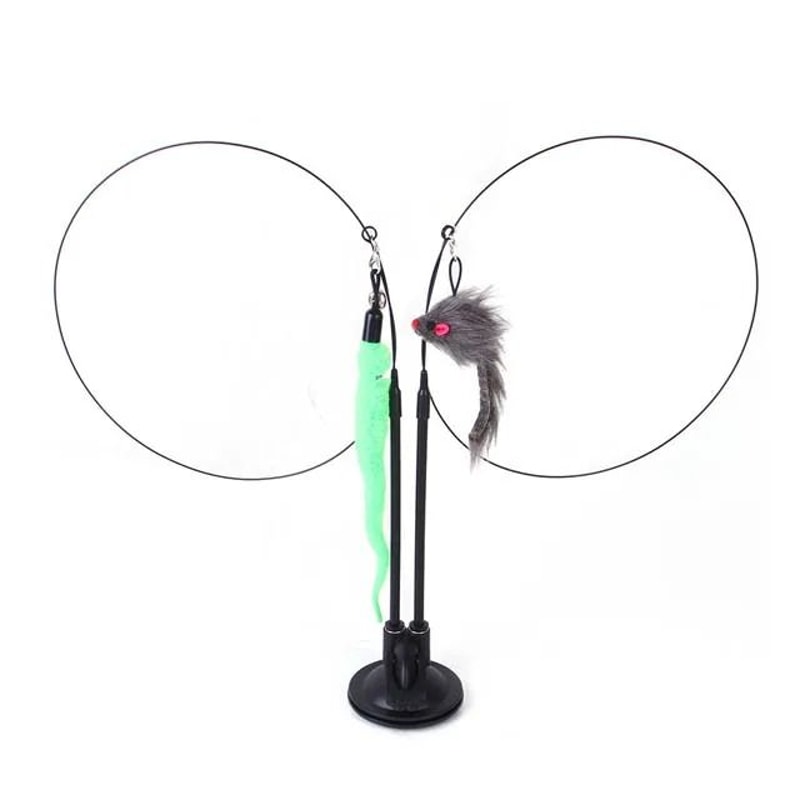 Double Headed Cat Teaser Stick Suction Cup Interactive Mouse Feather Toy With Bell 3