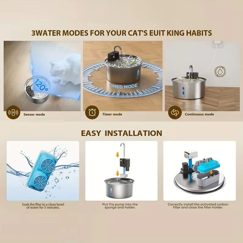Wireless Stainless Steel Cat Water Fountain 32L Automatic Pet Water Dispenser With Sensor Filtratio 5
