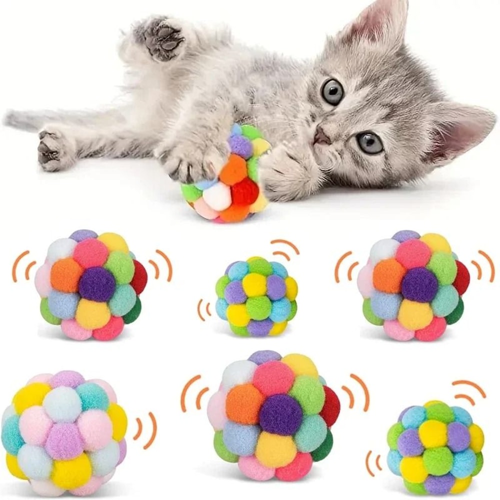 Colorful Cat Toy Balls With Bells Sparkle Pom Pom Interactive Balls For Indoor Cats And Kittens 2
