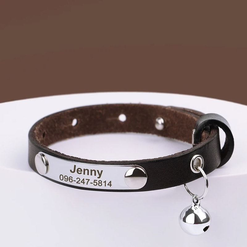 Personalized Leather Cat Collar With Bell Engraved Nameplate For Kittens And Small Pets 11