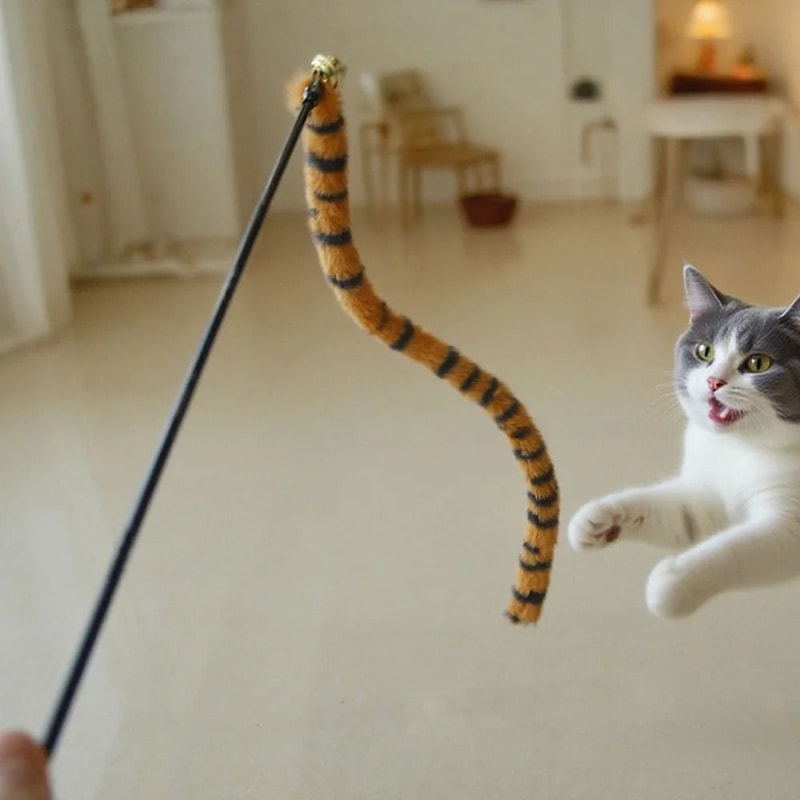 Cat Worm Teaser Wand With Bell Plush Interactive Kitten Toy 5