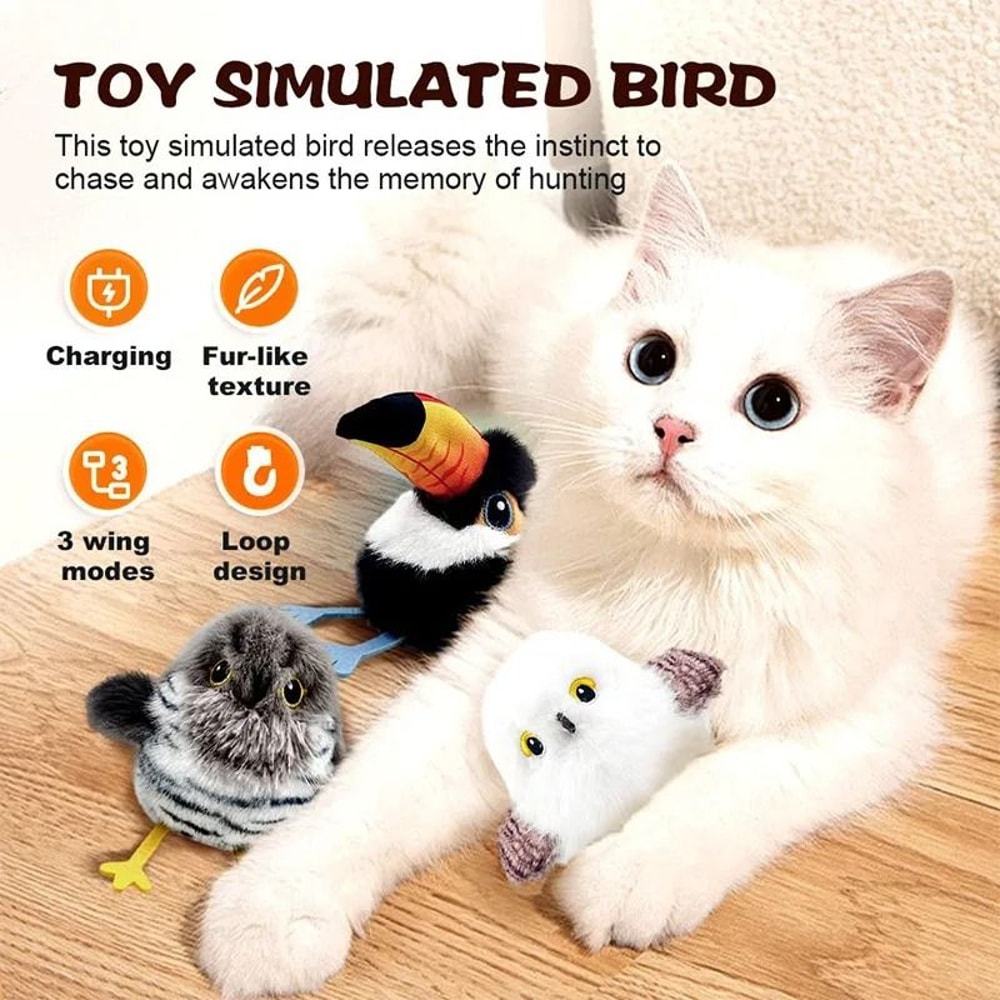 USB Rechargeable Chirping Bird Cat Toy Touch Activated Flapping Wings For Indoor Exercise Play 7