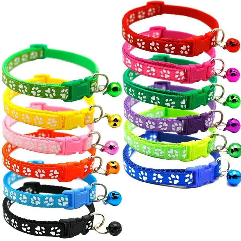 Colorful Adjustable Pet Collar With Bell Cartoon Paw Print For Kittens Puppies Cats Dogs 14