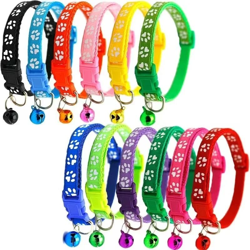 Colorful Adjustable Pet Collar With Bell Cartoon Paw Print For Kittens Puppies Cats Dogs 16