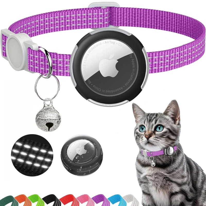 Reflective AirTag Cat Collar Breakaway With Bell Holder Case For Kittens Lightweight Safety Trackin 1