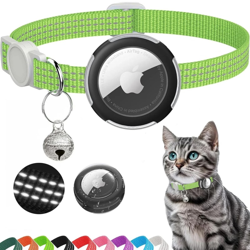 Reflective AirTag Cat Collar Breakaway With Bell Holder Case For Kittens Lightweight Safety Trackin 5