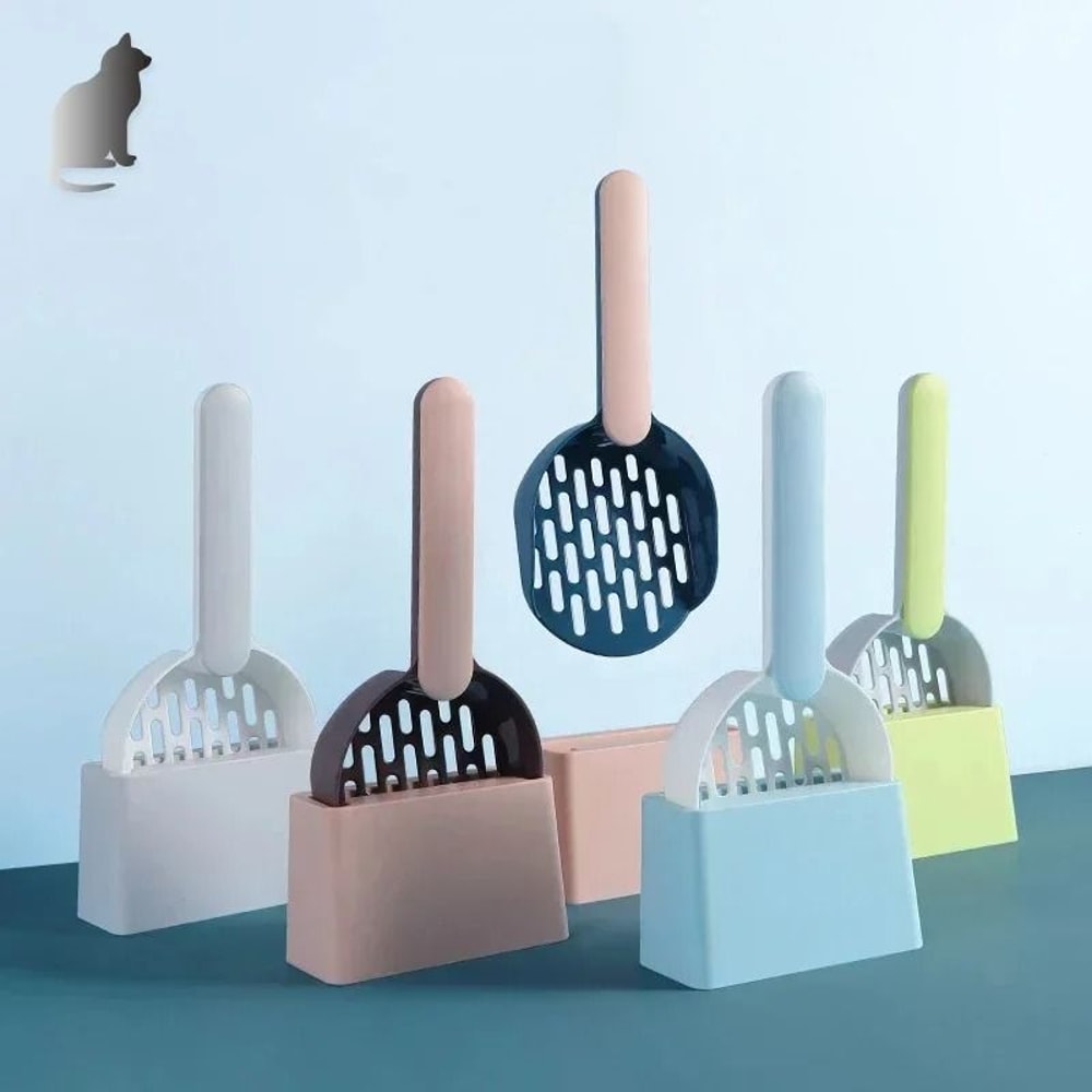 Long Handle Cat Litter Scoop Set With Base Durable ABS Poop Cleaning Tool 0