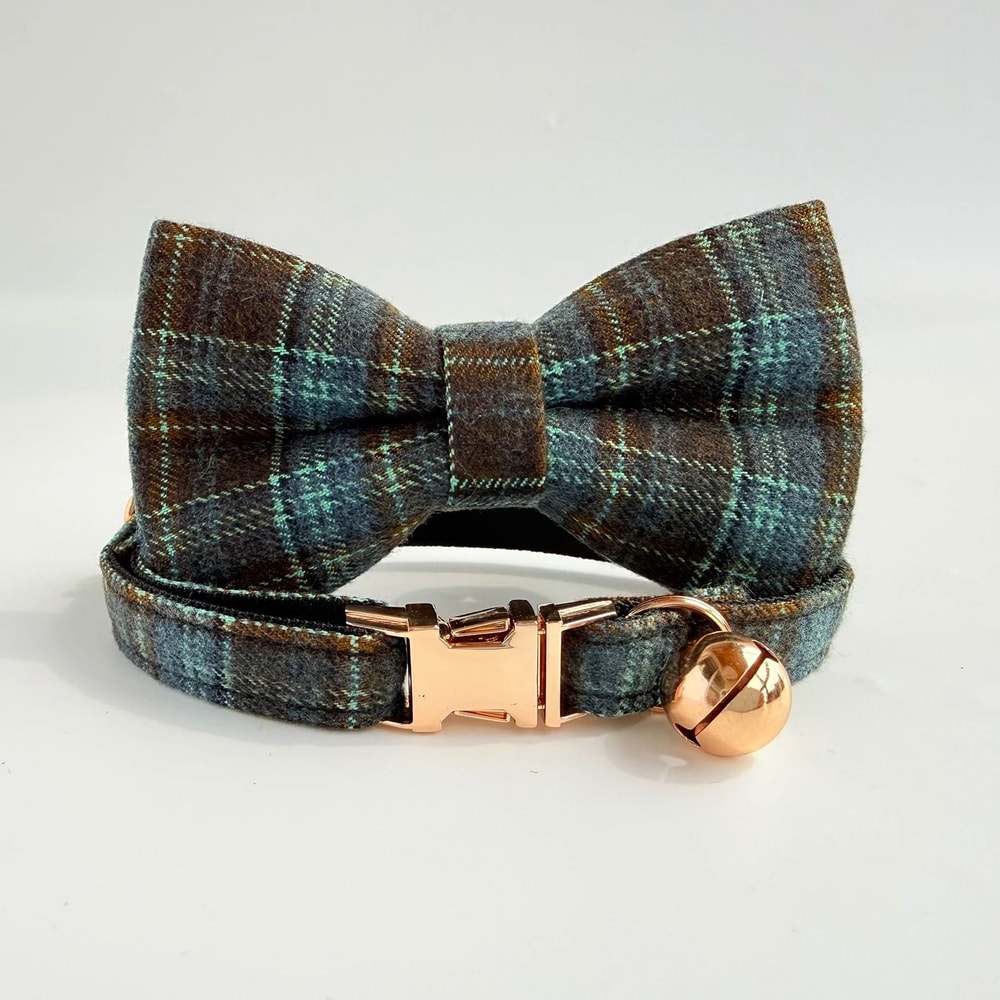 Personalized Tweed Check Cat Collar With Detachable Bell And Pearl Charm 7