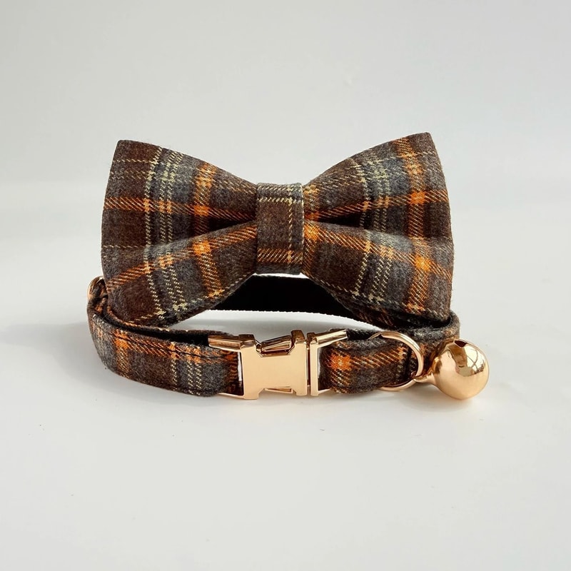 Personalized Tweed Check Cat Collar With Detachable Bell And Pearl Charm 5
