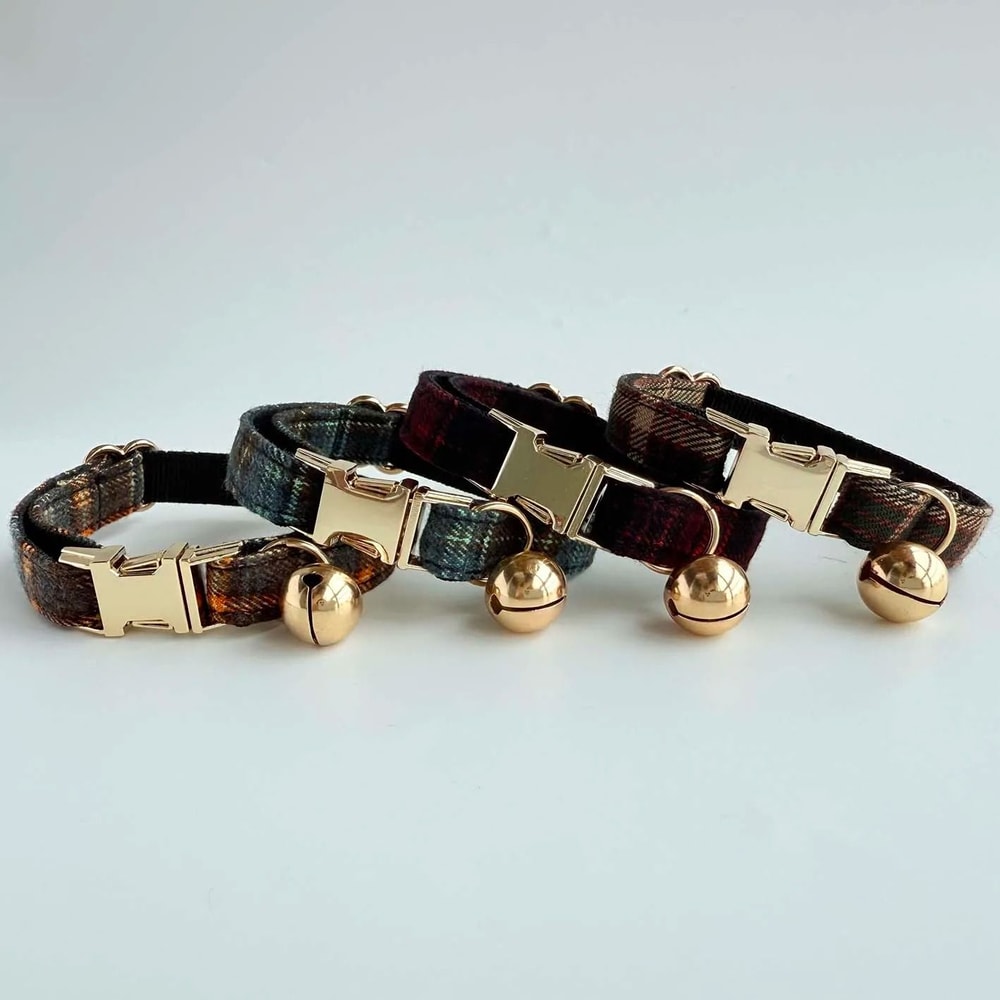 Personalized Tweed Check Cat Collar With Detachable Bell And Pearl Charm 12