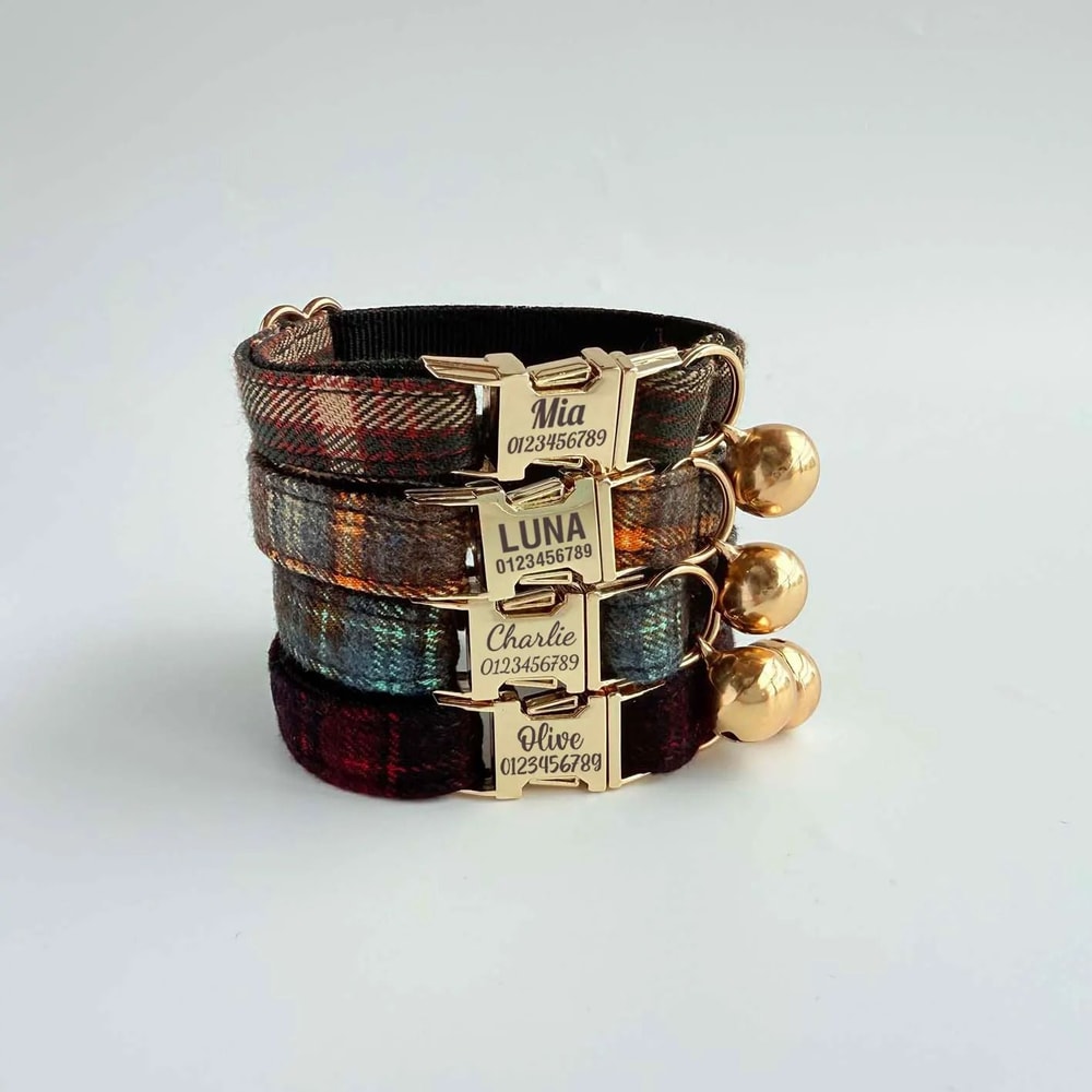 Personalized Tweed Check Cat Collar With Detachable Bell And Pearl Charm 0
