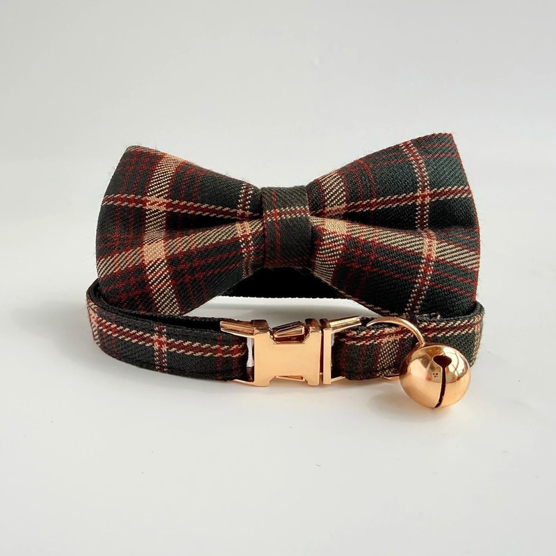 Personalized Tweed Check Cat Collar With Detachable Bell And Pearl Charm 6