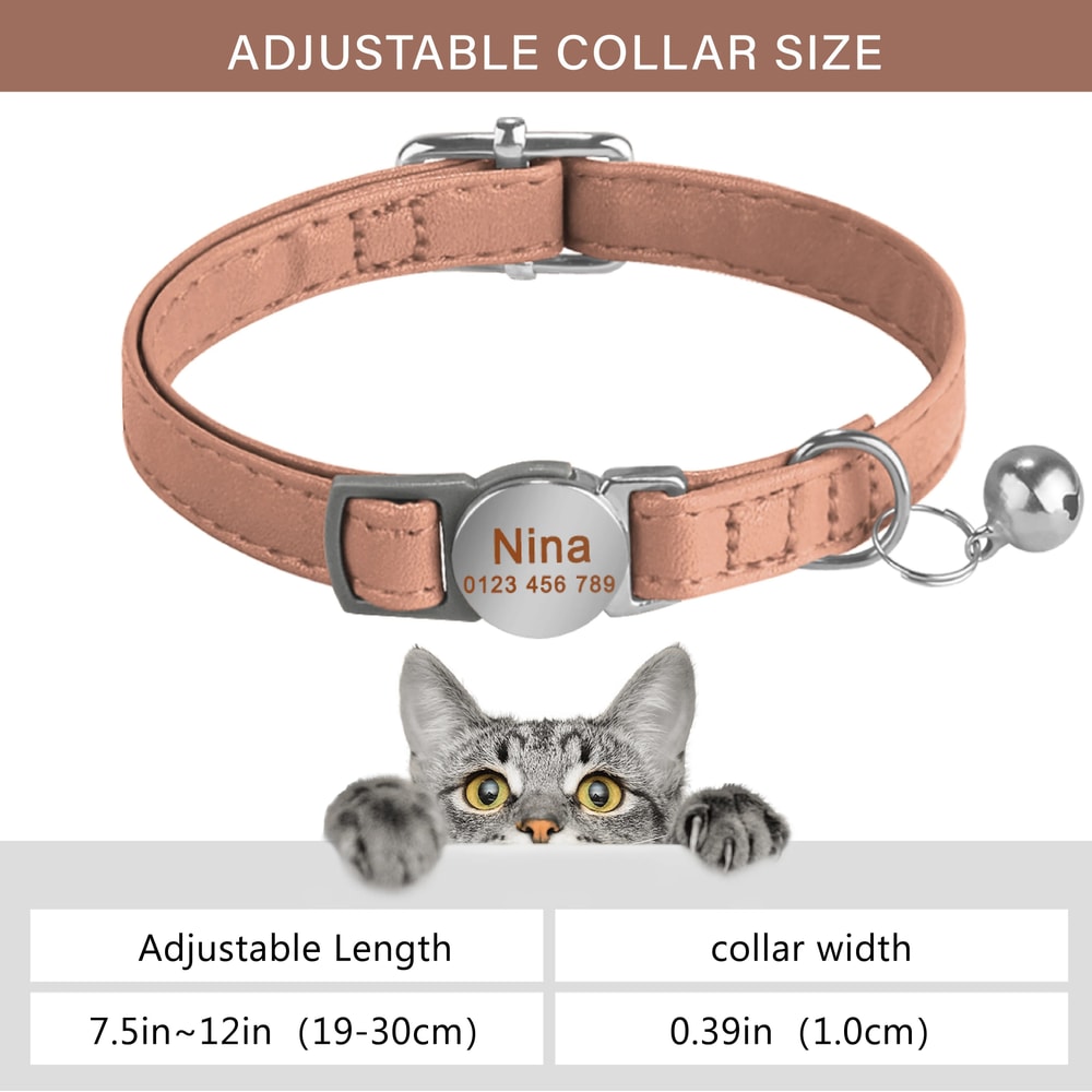Personalized Leather Breakaway Cat Collar With Engraved Name Bell For Anti Lost Safety 3