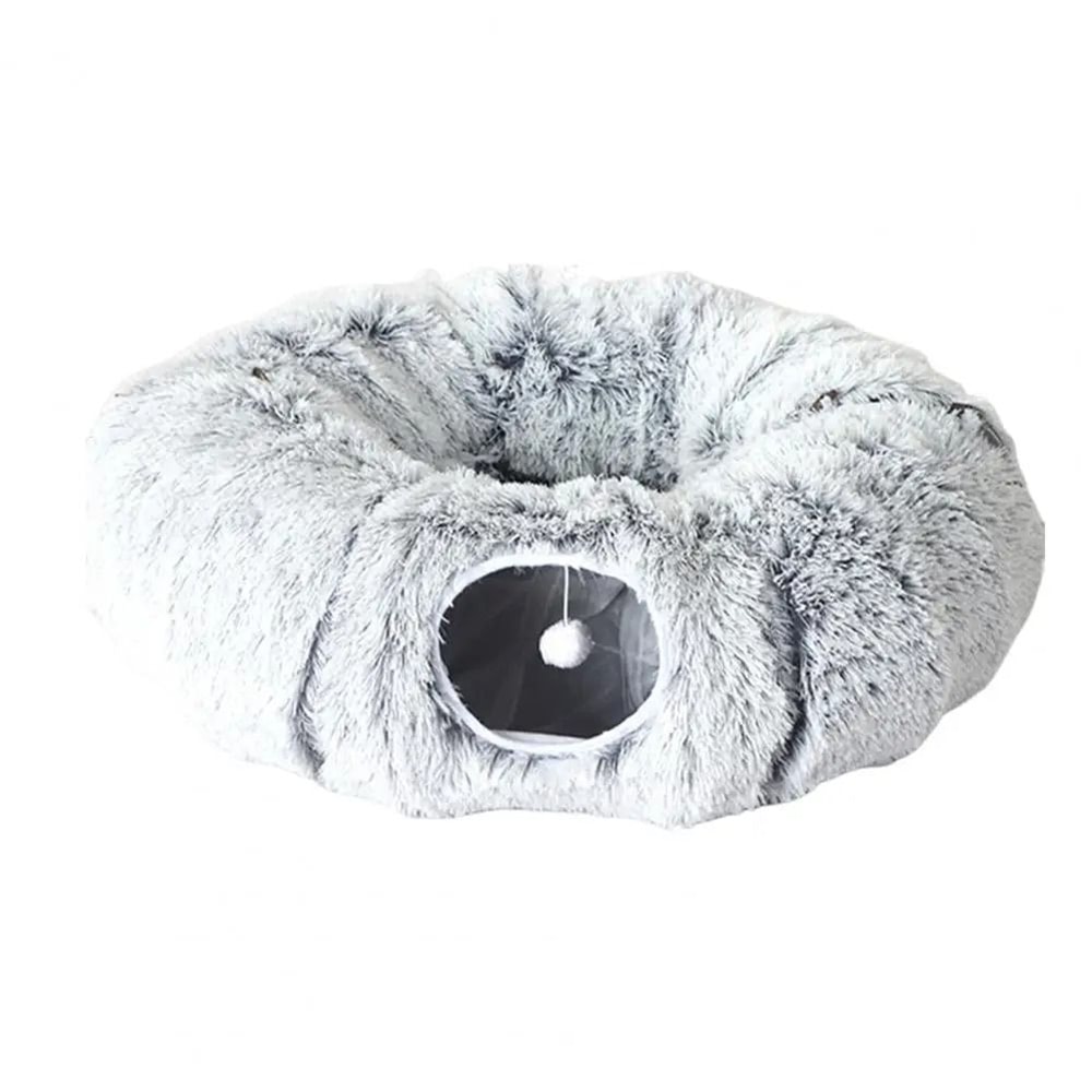 Plush Donut Cat Tunnel Bed Round Washable Peekaboo Cave With Hanging Balls 2