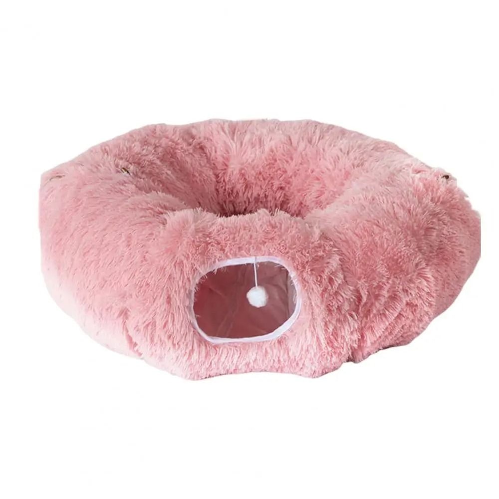 Plush Donut Cat Tunnel Bed Round Washable Peekaboo Cave With Hanging Balls 3