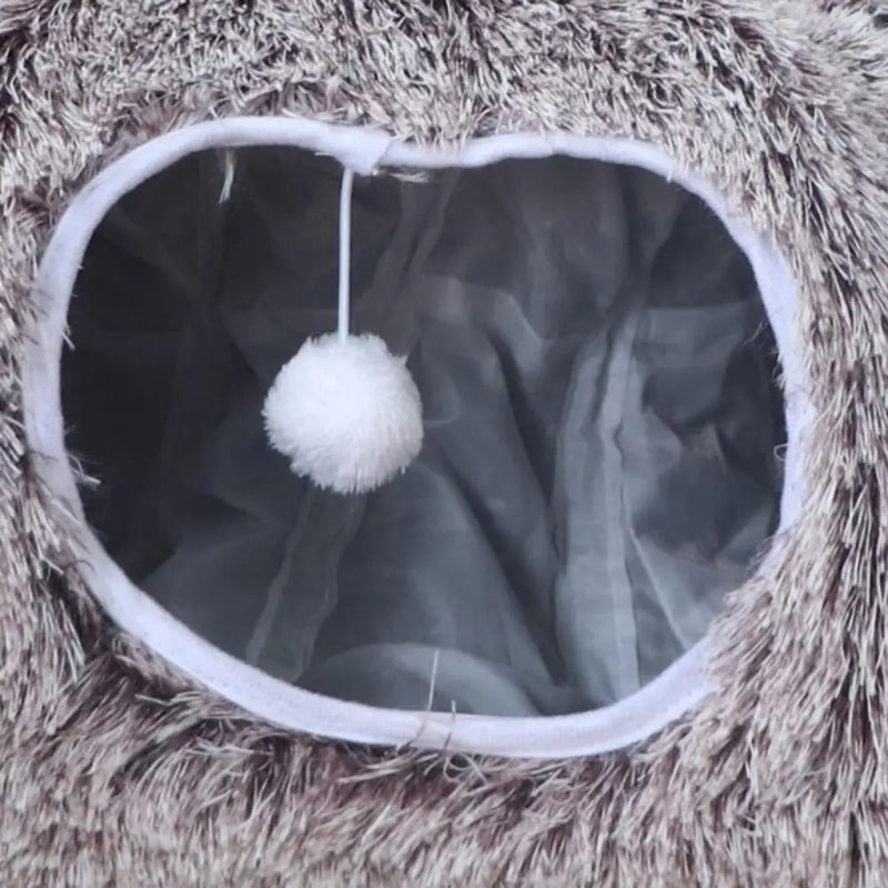 Plush Donut Cat Tunnel Bed Round Washable Peekaboo Cave With Hanging Balls 10