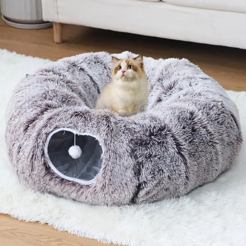 Plush Donut Cat Tunnel Bed Round Washable Peekaboo Cave With Hanging Balls 11