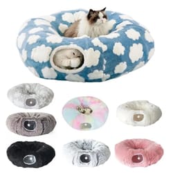 plush donut cat tunnel bed round washable peekaboo cave with hanging balls