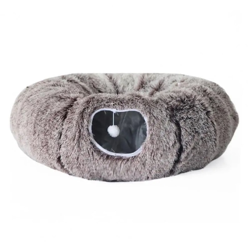 Plush Donut Cat Tunnel Bed Round Washable Peekaboo Cave With Hanging Balls 6