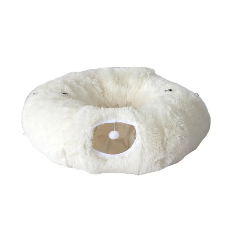 Plush Donut Cat Tunnel Bed Round Washable Peekaboo Cave With Hanging Balls 7