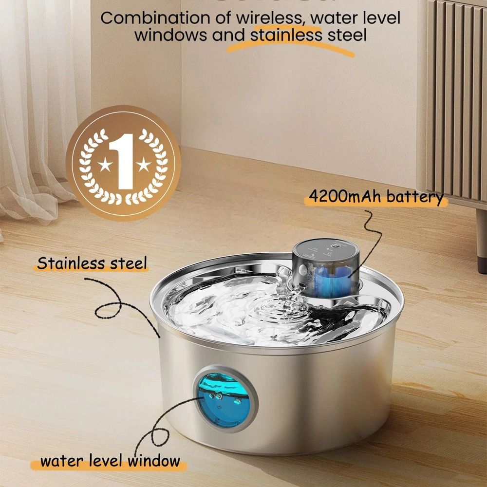 Wireless Stainless Steel Cat Water Fountain With Motion Sensor Rechargeable Pet Drinking Dispenser 8