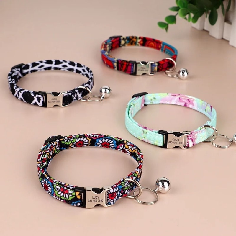 Personalized Printed Cat Collar With Engraved Nameplate Bell Adjustable Anti Lost Kitten Puppy Safe 25