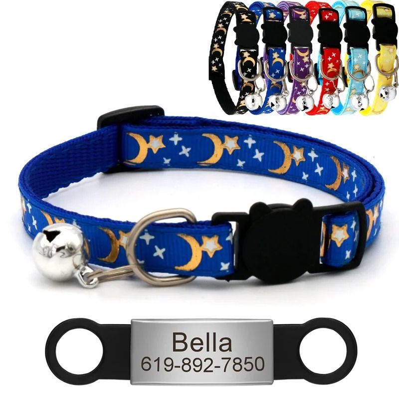Reflective Star Moon Personalized Cat Collar With Engraved Nameplate Bell For Kitten Safety 0