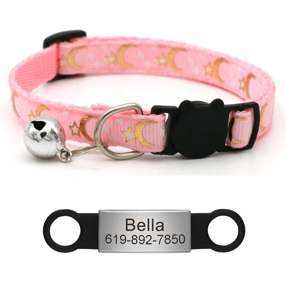 Reflective Star Moon Personalized Cat Collar With Engraved Nameplate Bell For Kitten Safety 6