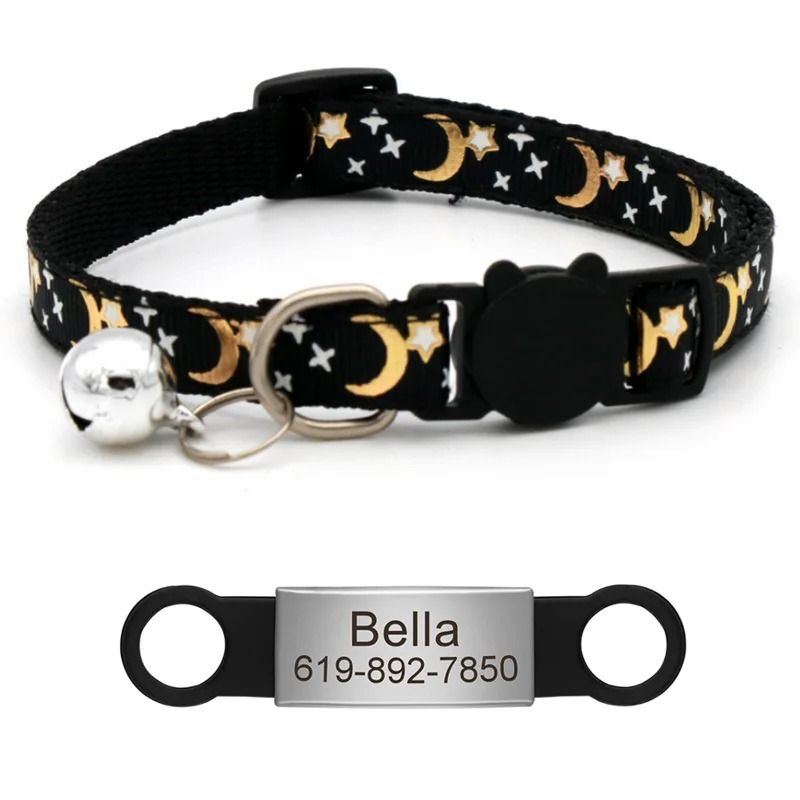 Reflective Star Moon Personalized Cat Collar With Engraved Nameplate Bell For Kitten Safety 2