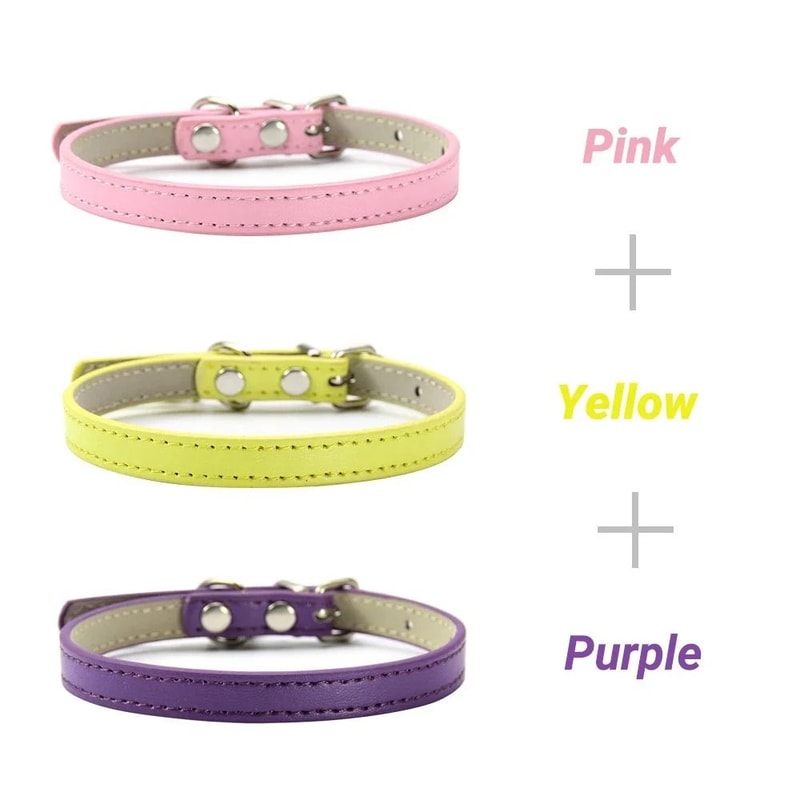Three Piece Soft PU Leather Cat Collar Set Solid Color Adjustable For Kittens Puppies Chihuahuas 12