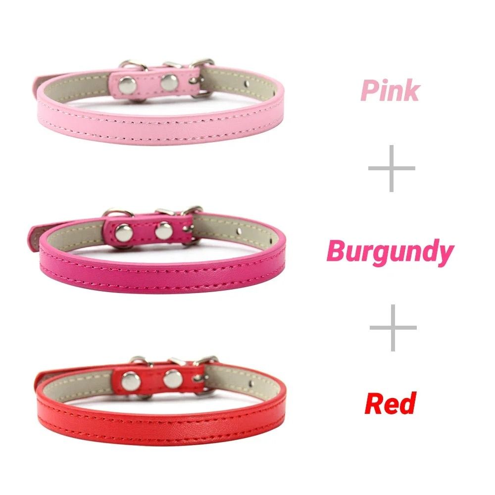 Three Piece Soft PU Leather Cat Collar Set Solid Color Adjustable For Kittens Puppies Chihuahuas 9