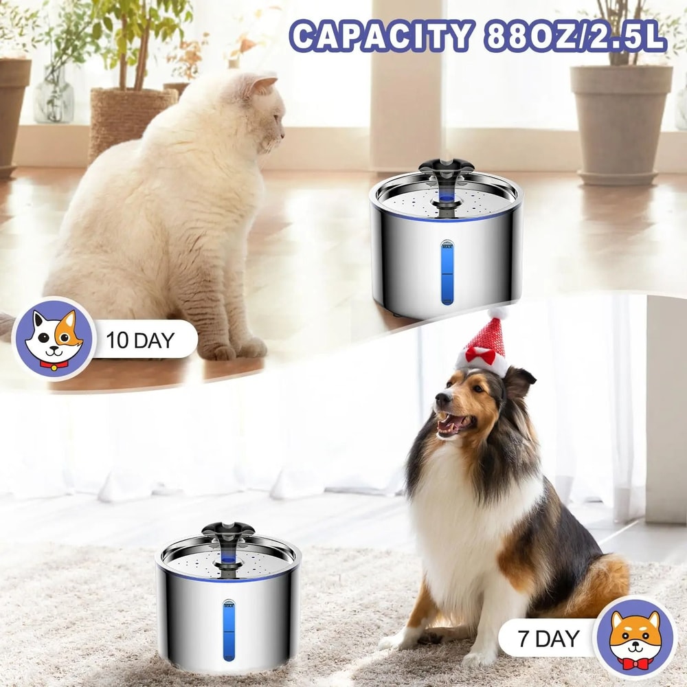 Stainless Steel Cat Water Fountain With LED Auto Power Off Non Slip Mat For Pets 5