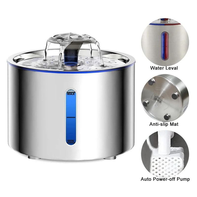 Stainless Steel Cat Water Fountain With LED Auto Power Off Non Slip Mat For Pets 0
