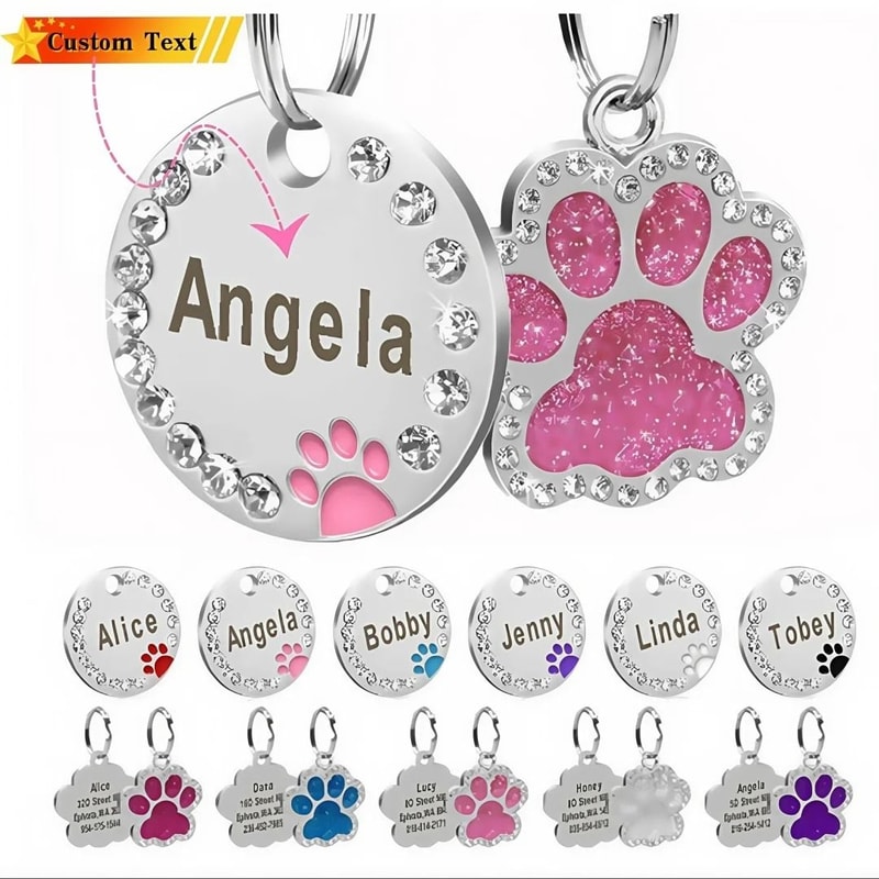Stainless Steel Engraved Pet ID Tag Diamond Pendant For Cats And Dogs 0