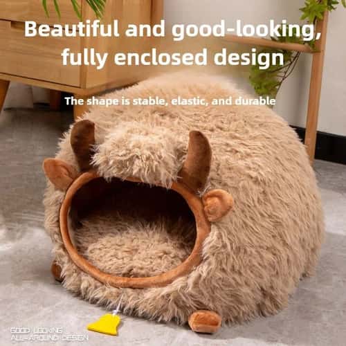 Yak Shaped Semi Enclosed Cat Bed for Winter Warmth and All Season Comfort