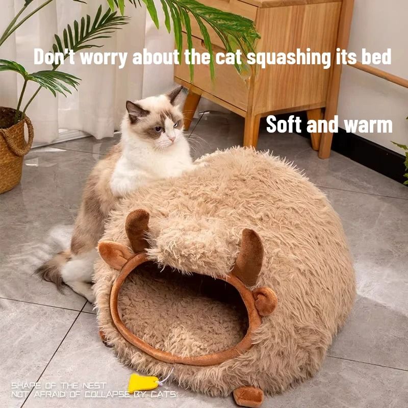 Yak Shaped Semi Enclosed Cat Bed For Winter Warmth And All Season Comfort 9