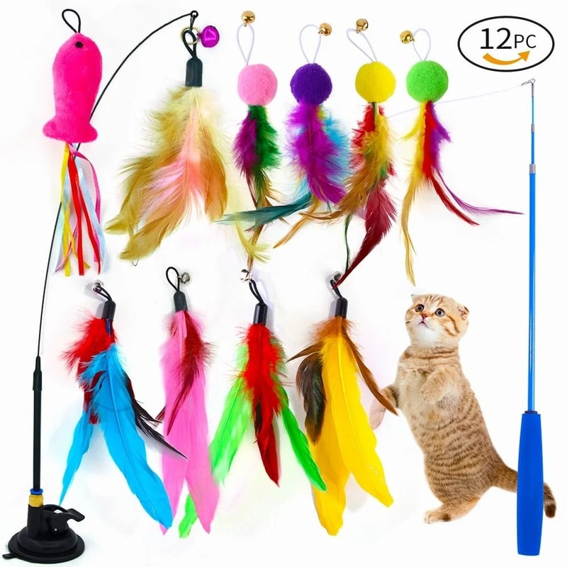 12 Pack Suction Cup Cat Wand Toy Set With Feather And Bird Teasers 1