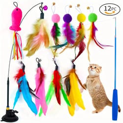 12 pack suction cup cat wand toy set with feather and bird teasers