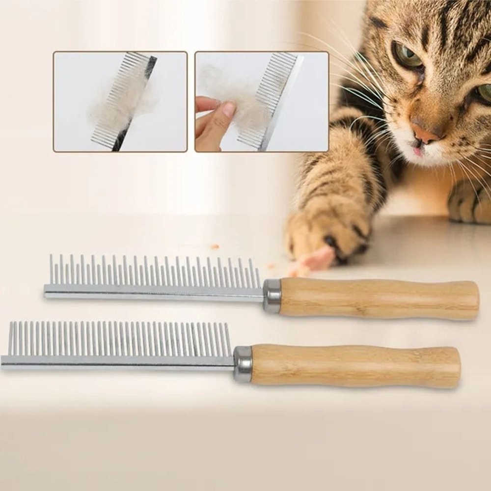 Stainless Steel Cat Comb With Wood Handle For Pet Hair Removal 7